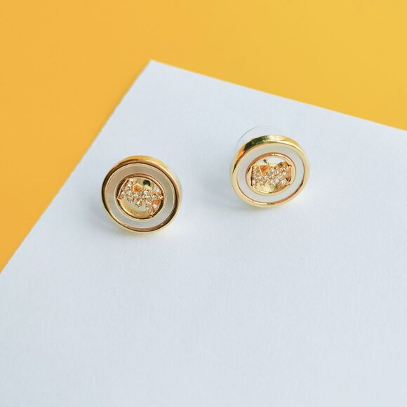 Pave Logo Gold Crystal Disc Stud Earrings MKJ7764 by Michael Kors - Picture 1 of 4